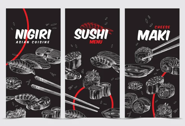 Samling av banderoller med sushi, nigiri och maki, skiss vektor illustration. — Stock vektor
