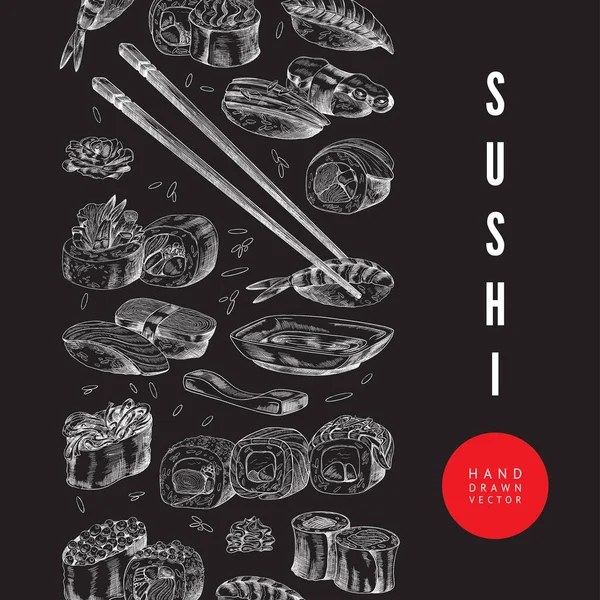 Sushi restaurang meny hand ritad på tavlan, gravyr vektor illustration. — Stock vektor