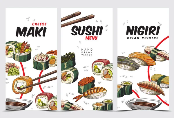 Banderoller för japanska asiatiska restaurang meny, handritad vektor illustration. — Stock vektor