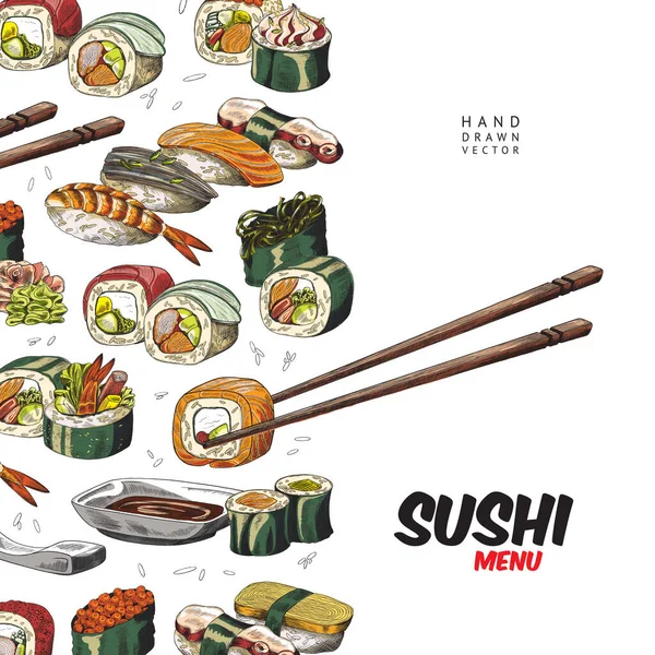 Capa colorida de vetor para menu de restaurante com comida japonesa - sushi e rolos — Vetor de Stock