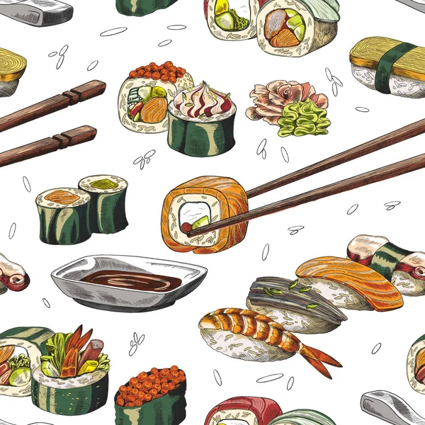 Sömlös färgglada mönster med olika sushi, skiss vektor illustration. — Stock vektor