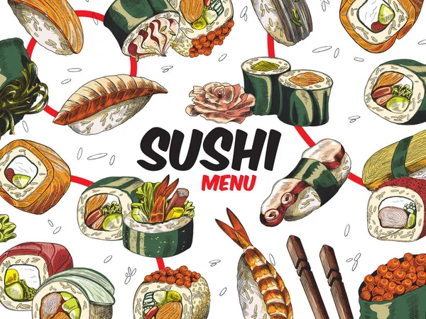 Menú de sushi restaurante japonés, dibujo a mano estilo vector ilustración. — Vector de stock