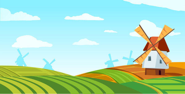 Vector beautiful nature rural landscape with old dutch windmill on green field