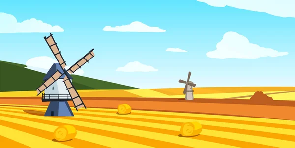 Деревенский летний пейзаж с ветряными мельницами в поле, плоская векторная иллюстрация. — стоковый вектор