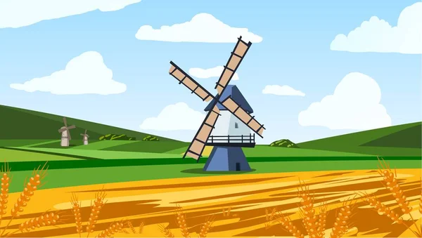 Вектор красива природа сільський пейзаж зі старими голландськими вітряками на пшеничному полі . — стоковий вектор