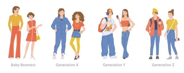 Un ensemble de jeunes personnages différentes générations x, y, z et baby-boomers. — Image vectorielle