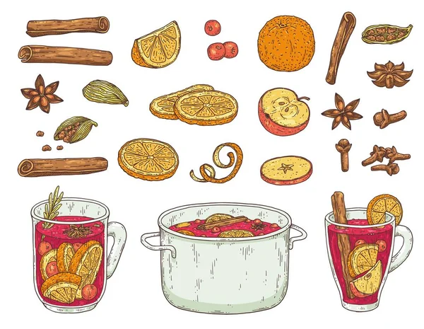 Especias de vino caliente e ingredientes set grabado vector ilustración aislado. — Archivo Imágenes Vectoriales