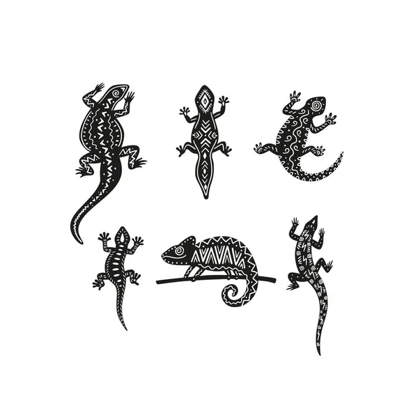Set med svarta kameleoner med geometriskt mönster vektor illustration isolerad. — Stock vektor