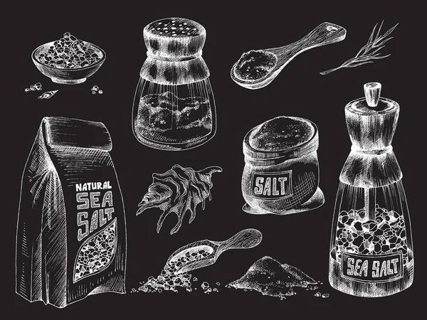 Conjunto de sal marina - ingrediente para condimentar alimentos o procedimientos de spa de salud. — Archivo Imágenes Vectoriales