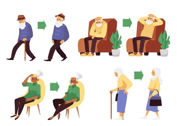 Eine Reihe von Charakteren energische und müde alte Menschen ein flacher Vektor Illustrationen — Stockvektor