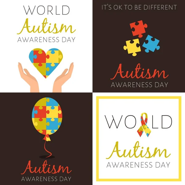 Conjunto de carteles para el día mundial de la conciencia del autismo con diferentes símbolos de rompecabezas — Archivo Imágenes Vectoriales