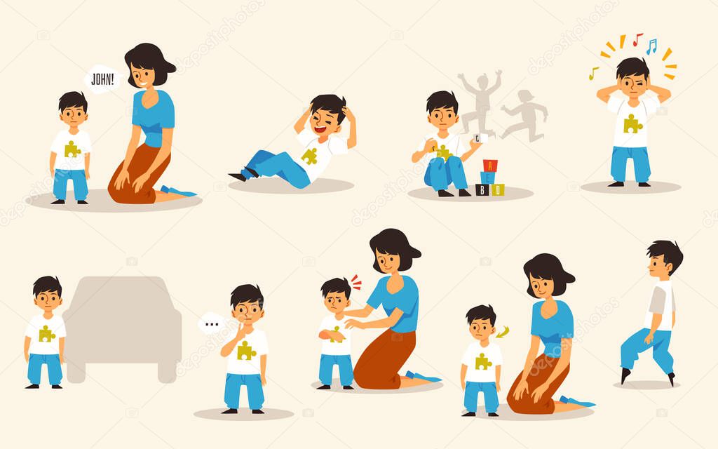 Set of mother and child with autism disorder, flat vector illustration isolated.