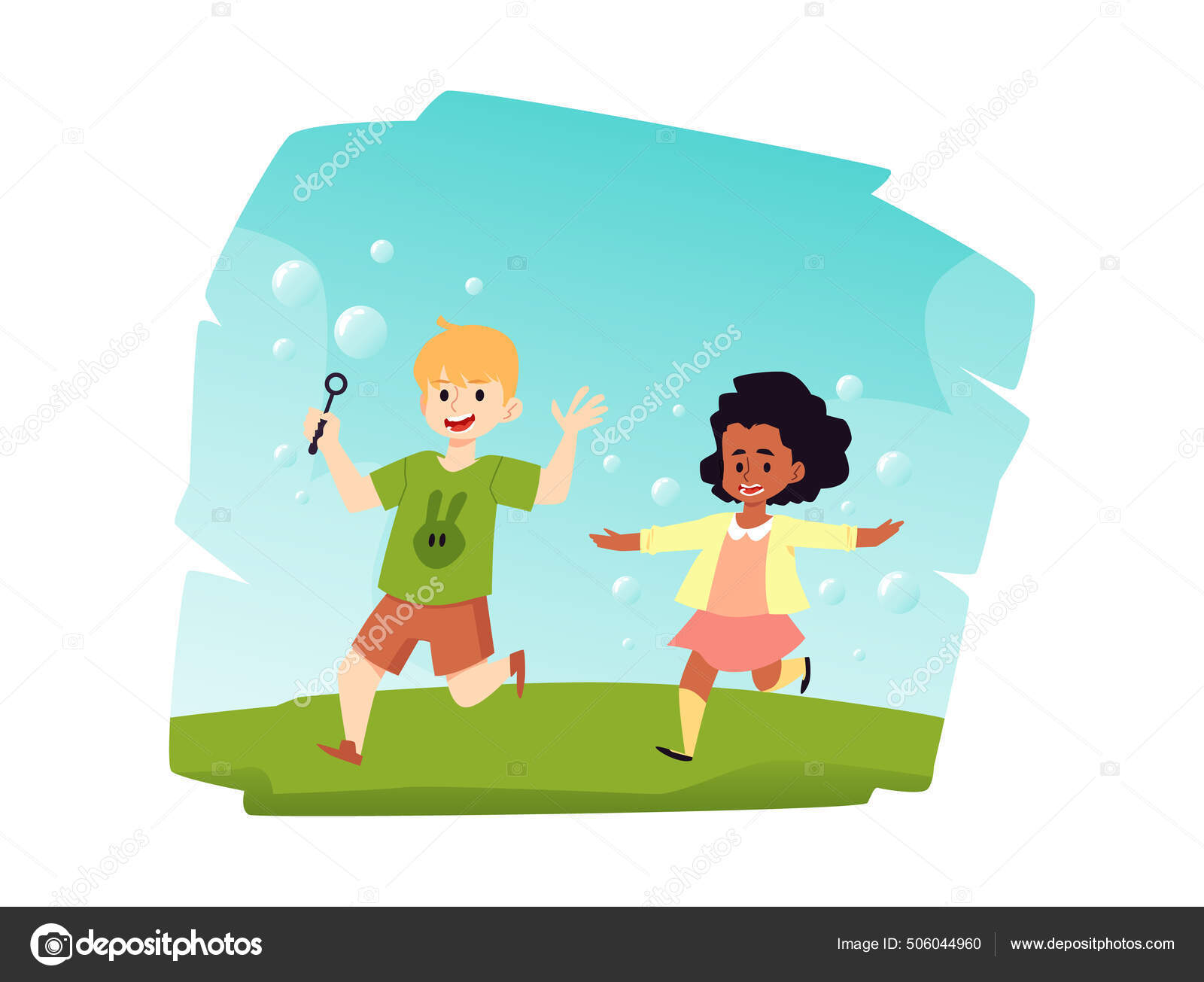 Criança sopra bolhas jogo ao ar livre criança de desenho animado isolada em  fundo branco