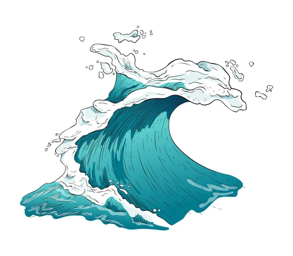 Raging blue sea, ocean wave with marine foam, splashes and curls. — Stock Vector