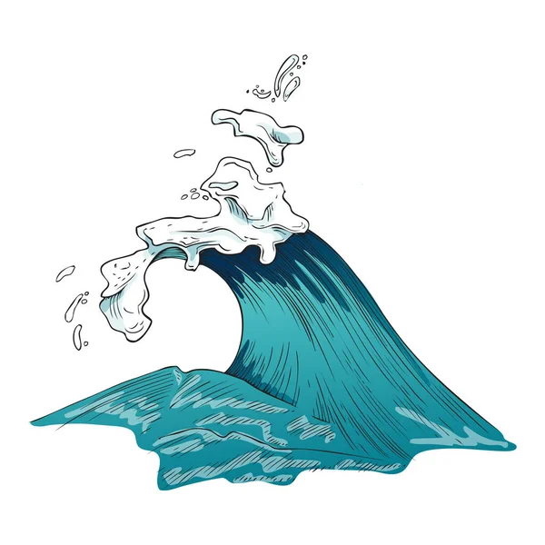 Riesige blaue stürmische Meereswelle, gestochene Vektorillustration isoliert. — Stockvektor
