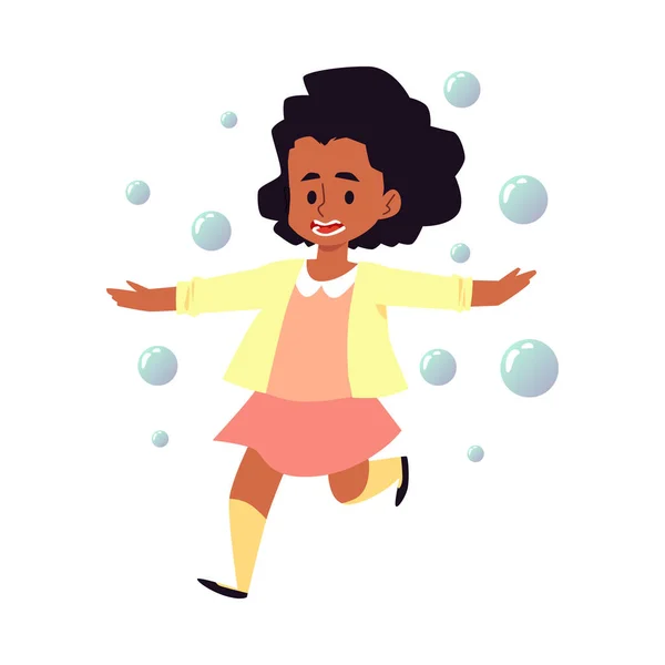 Маленькая девочка, афро-американка, развлекается, играя с мыльными пузырями. — стоковый вектор