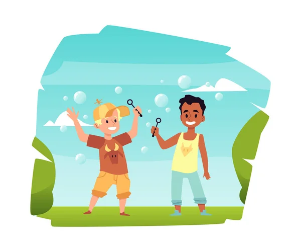 Glückliche Jungen haben Spaß beim Spielen mit fliegenden Seifenblasen im Freien — Stockvektor