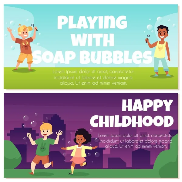 Färgglada banderoller med roliga barn blåser såpbubblor och leka med det utomhus — Stock vektor