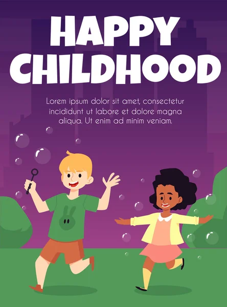 Affisch med glada barn blåser och leker med flygande såpbubblor utomhus. — Stock vektor