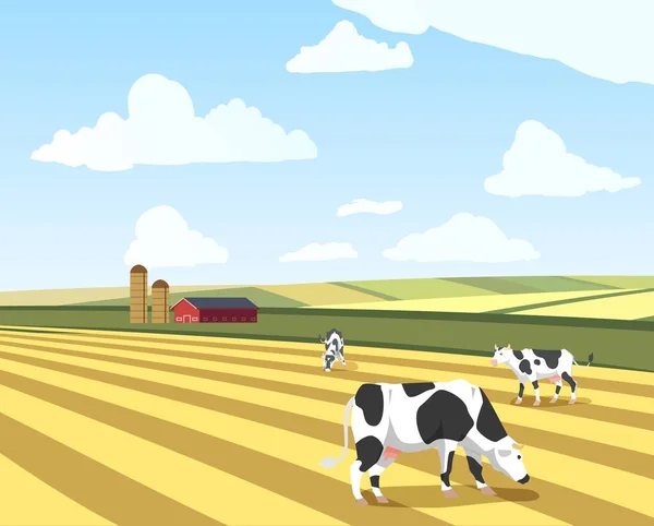 Летний солнечный пейзаж с полями и пасущимися коровами, плоская векторная иллюстрация. — стоковый вектор