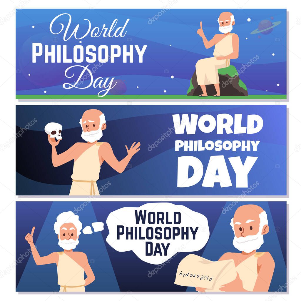 Banners for world philosophy day with antique greek philosophers or scientists