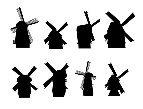 Conjunto de silhuetas pretas de moinhos de vento holandeses em ilustração vetorial realista — Vetor de Stock