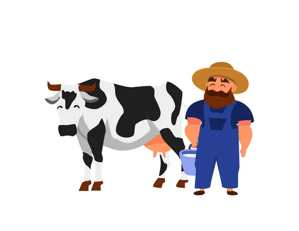 Granjero sosteniendo cubo de leche, ordeñado de vaca Holstein en ilustración de vector plano — Vector de stock