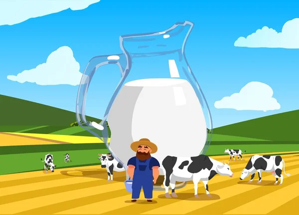 Концепция молочной фермы со стеклянным кувшином молока на пастбищном фоне с коровами, фермером — стоковый вектор