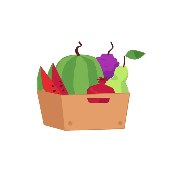 Caisse pleine de fruits frais mûrs pastèque, poire, raisin et grenade. — Image vectorielle