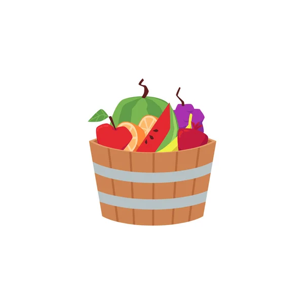 Wooden vintage barrel or bucket with fresh fruits, flat vector illustration. — Stock Vector