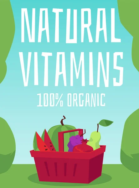 Affisch med korg full färska frukter - hälsosam mat med vitaminer. — Stock vektor