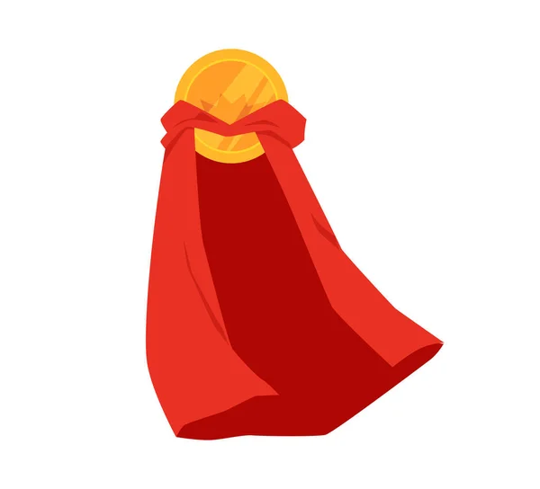 Mantella rossa super eroe con moneta d'oro o scudo, illustrazione vettoriale piatta isolata. — Vettoriale Stock