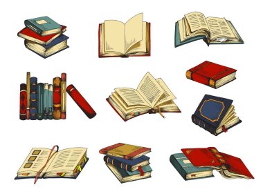 Hand drawn color set of book sketches. Vector illustration of collection of stacks of books for library isolated on white background. clipart