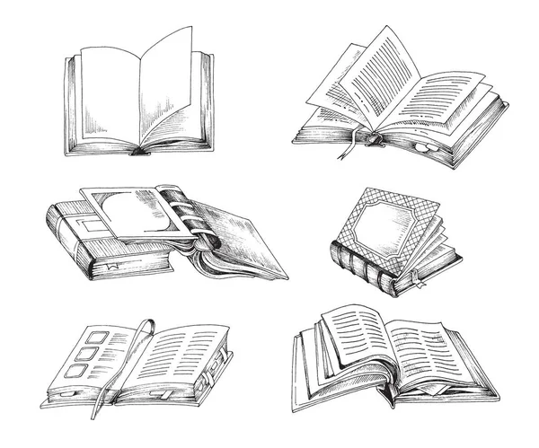 Met de hand getekende boeken. Vector illustratie van doodle collectie van open boeken. — Stockvector