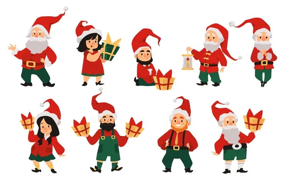 Divertido lindo Navidad enanos o gnomos plana vector ilustración aislado. — Vector de stock