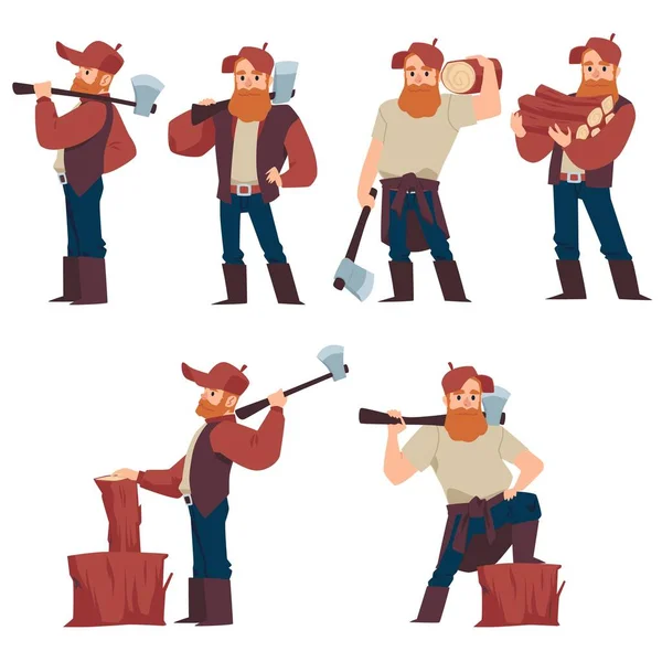 Set von Cartoon-Holzfäller männliche Charaktere, flache Vektorillustration isoliert. — Stockvektor