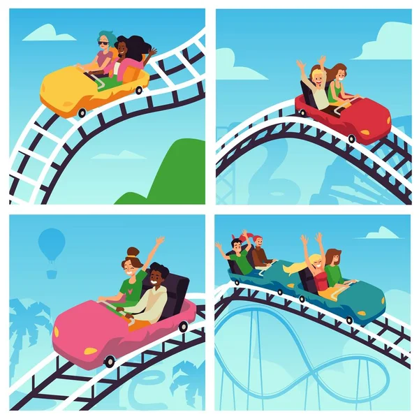Set of posters with happy people ride on high rollercoaster at amusement park. — Stock Vector
