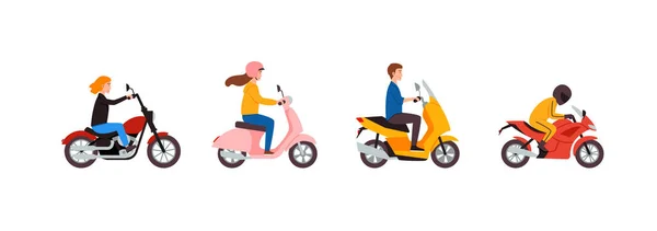 Jeunes motocyclistes sur différents modèles de motos. — Image vectorielle