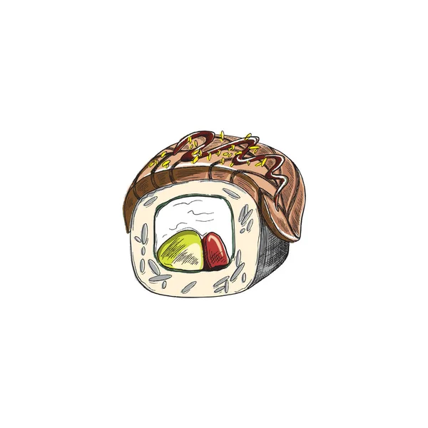 Gulungan sushi Unagi dengan belut dalam gambar vektor gaya sketsa warna terisolasi - Stok Vektor