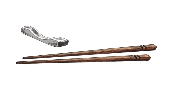 Пара японских или китайских деревянных бамбуковых палочек для еды, стоять в векторе эскиза — стоковый вектор