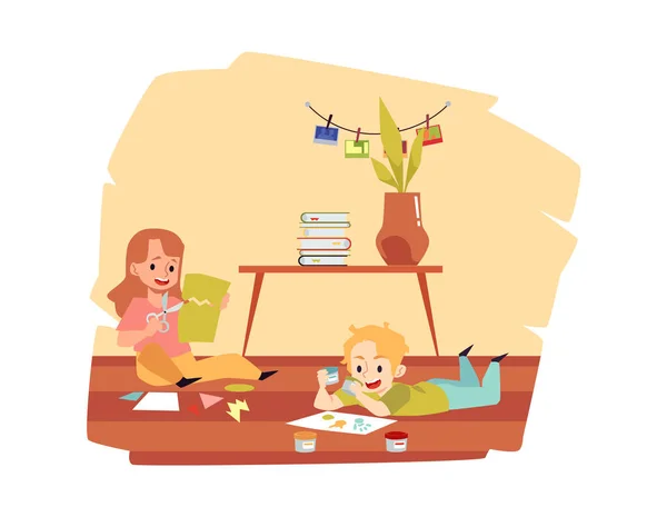 Fröhliche Kinder basteln in der Freizeit im Kindergarten oder im Kunstunterricht. — Stockvektor