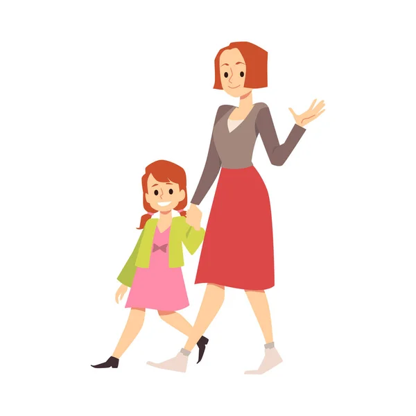Leende mor med liten dotter som går tillsammans, pratar och håller varandra i handen. — Stock vektor
