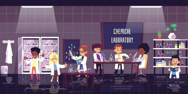 Химическая лаборатория с экспериментальными детьми, плоские векторные иллюстрации. — стоковый вектор