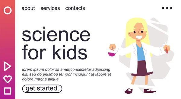 Επιστήμη για τα παιδιά πανό με κορίτσι επιστήμονας στο εργαστήριο, επίπεδη διανυσματική απεικόνιση. — Διανυσματικό Αρχείο