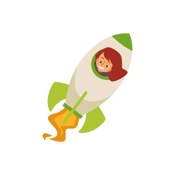 Schattig kind meisje piloot van de ruimte raket platte cartoon vector illustratie geïsoleerd. — Stockvector