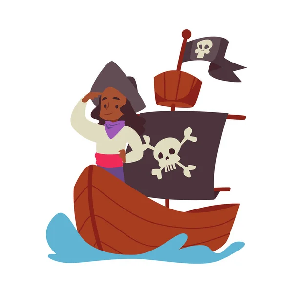 Забавная девочка капитан пиратского корабля плоские векторные иллюстрации изолированы. — стоковый вектор