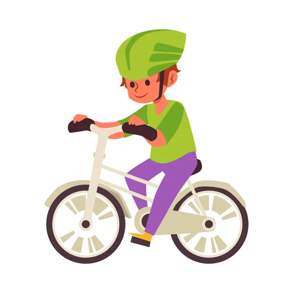 Criança menino usando capacete e andar de bicicleta plana vetor ilustração isolado. —  Vetores de Stock