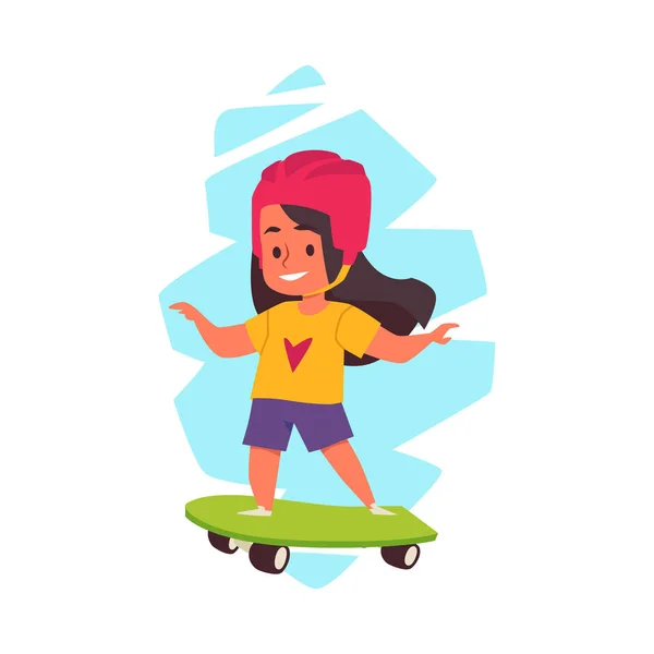 Happy skateboarder klein meisje in helm, platte vector illustratie geïsoleerd. — Stockvector