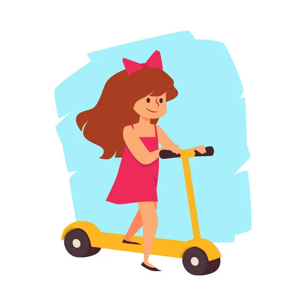 Felice bambino ragazza equitazione calcio scooter piatto fumetto vettore illustrazione isolato. — Vettoriale Stock