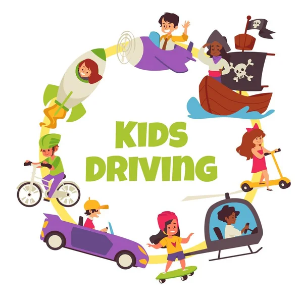 Прапор з дітьми водіння різних транспортних засобів Векторні ілюстрації ізольовані . — стоковий вектор